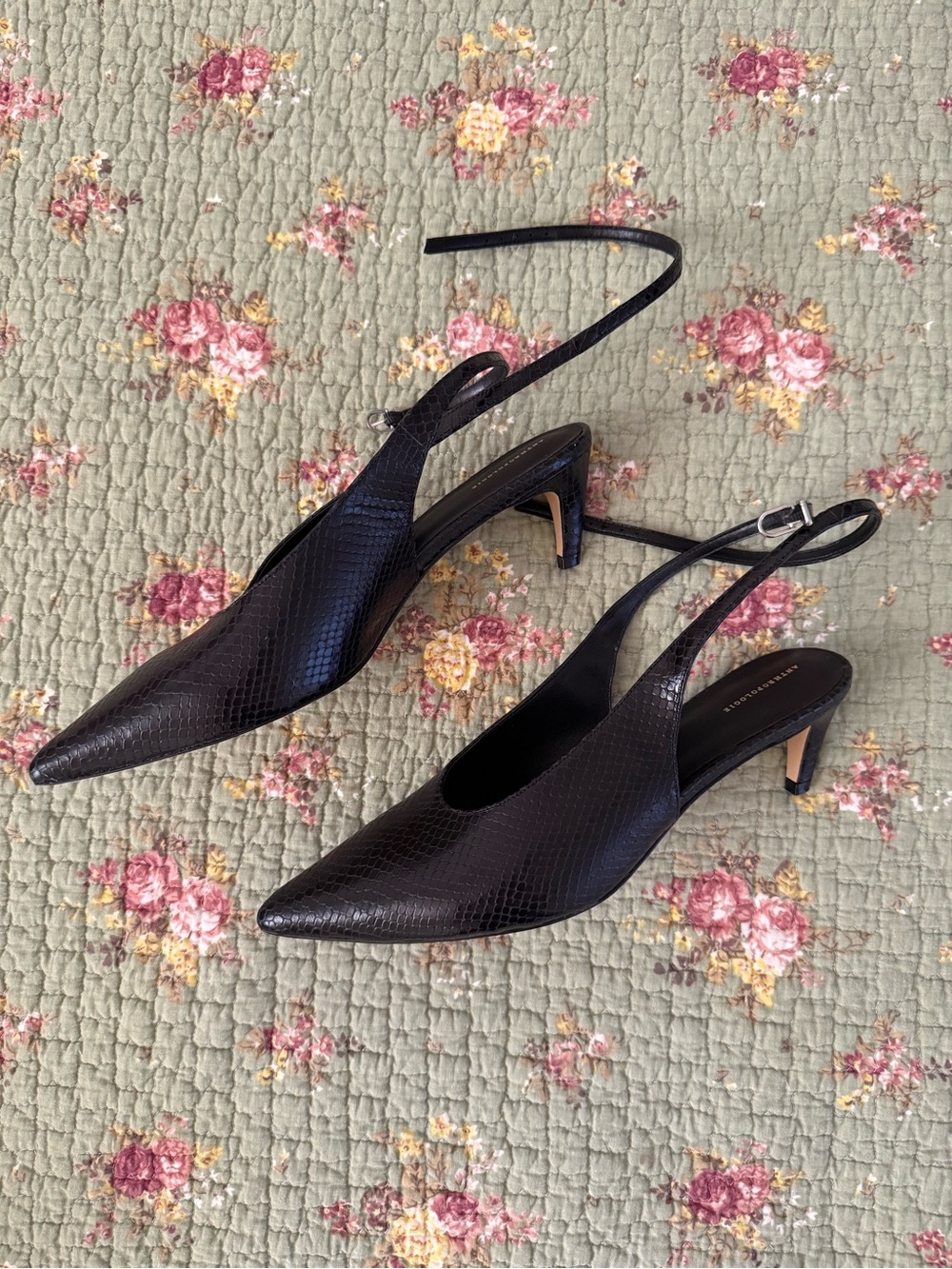 By Anthropologie Black Snake Ankle Wrap Kitten Heels